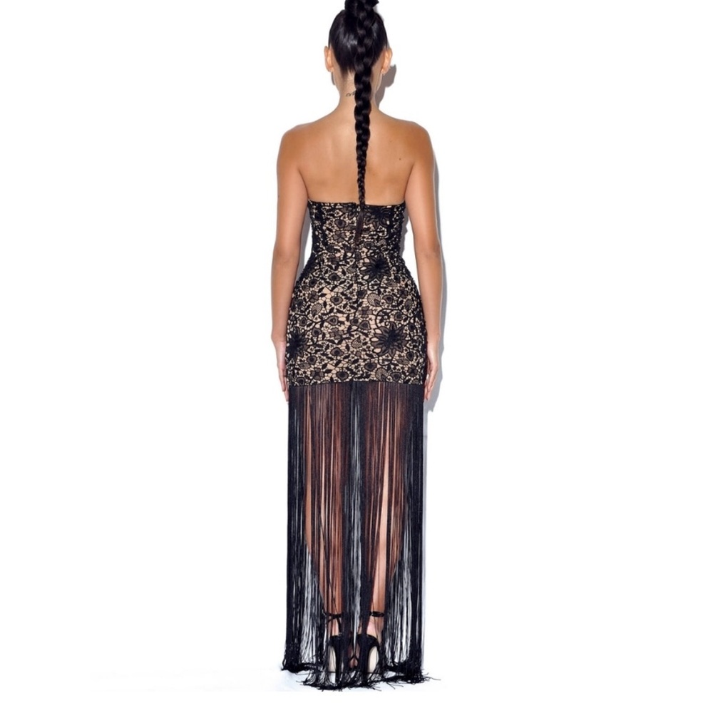 Size 12/XL MISS CIRCLE Black Lace Long Fringed Strapless Dress NEW with Tags - Picture 3 of 15